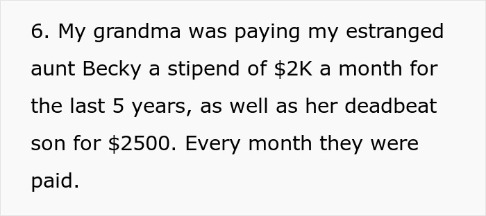 Text excerpt about grandma paying estranged aunt and her son, illustrating family conflict and financial exploitation issues.