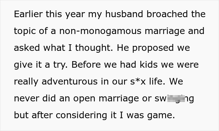 Text excerpt discussing a woman rediscovering herself after her husband proposes trying an open marriage. Text excerpt discussing a woman rediscovering herself after her husband proposes trying an open marriage.