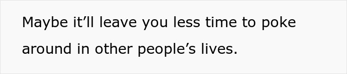 Text graphic with the phrase Maybe it’ll leave you less time to poke around in other people’s lives, referencing homophobic MIL conflict scenario.