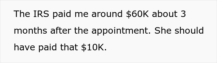 Text showing a statement about IRS payment disputes involving tens of thousands of dollars in penalties and reimbursements.