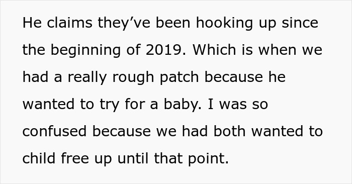 A text snippet describing a woman's discovery of her husband's affair, revealing disturbing details about their relationship.