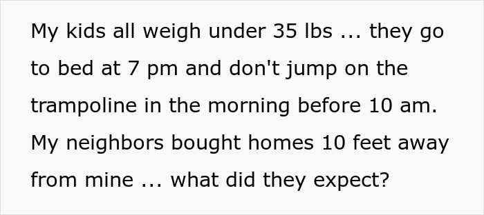 Text about kids under 35 lbs using trampoline carefully, highlighting HOA demands and home proximity concerns.