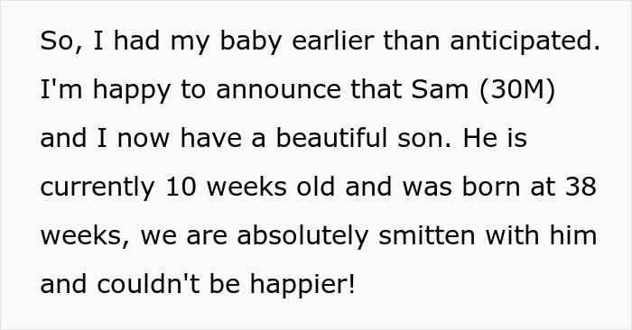 Text sharing a woman&rsquo;s early baby announcement, happy with her 10-week-old son amid unstable ex and SIL conflict.