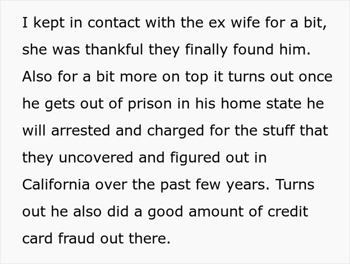 Text excerpt revealing a criminal and cheater charged with crimes after ex-girlfriend exposes his fraud and illegal activities.