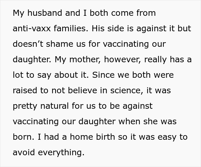 Text excerpt showing a woman describing her mom&rsquo;s creepy behavior and concerns about vaccinating her baby.