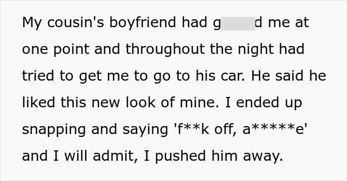 A text snippet describing an unwanted advance, an issue similar to wedding dress drama where a groom makes a request.