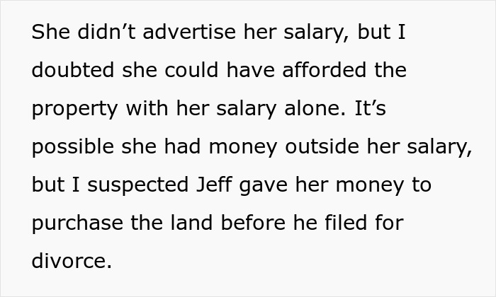 Text discussing a possible financial transfer to a mistress before divorce, relevant to a story about a wife's friend taking revenge.