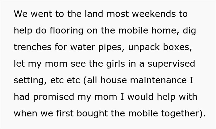 Text describing helping with house maintenance on a mobile home while letting mom see the girls in a supervised setting.