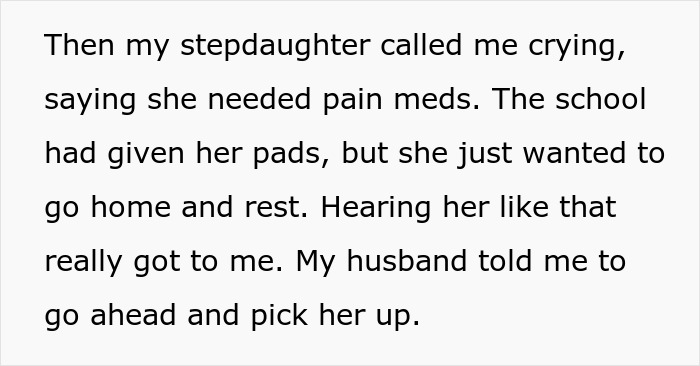 A text excerpt about a distressed stepdaughter getting her period, prompting a concerned stepmom to intervene.