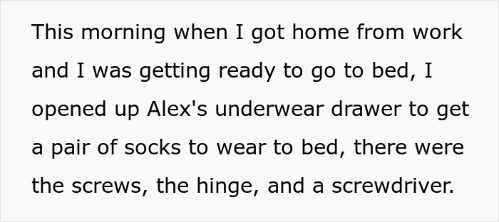 Text showing a man finding dangerous traps like screws and a screwdriver hidden in his girlfriend’s underwear drawer. Text showing a man finding dangerous traps like screws and a screwdriver hidden in his girlfriend’s underwear drawer.