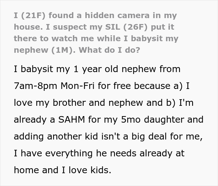 Woman Finds A Hidden Camera In Her Own Home, Suspects SIL Doesn't Trust Her