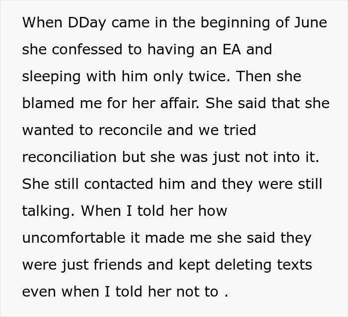 Text from a post describing a woman blaming her husband for her affair and now begging husband to cancel the divorce.