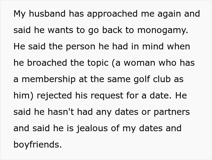 Text excerpt about a woman navigating feelings after her husband proposes open marriage and his jealousy over her dates. Text excerpt about a woman navigating feelings after her husband proposes open marriage and his jealousy over her dates.