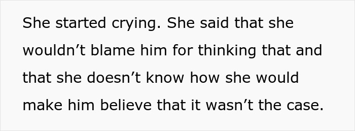 Text on screen: She started crying. She said that she wouldn't blame him for thinking that and that she doesn't know how she would make him believe that it wasn't the case. This image illustrates the tension around a baby bump, divorce papers, and difficult conversations.