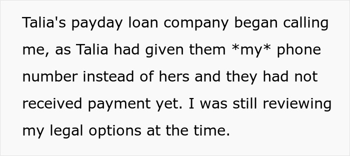 Text message showing complaint about payday loan calls after woman runs Tinder scams using someone else's phone number.