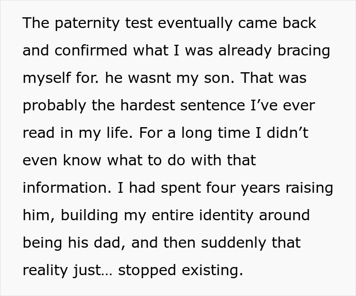 A personal story on a light grey background detailing a paternity test result, impacting a dad's identity. A personal story on a light grey background detailing a paternity test result, impacting a dad's identity.
