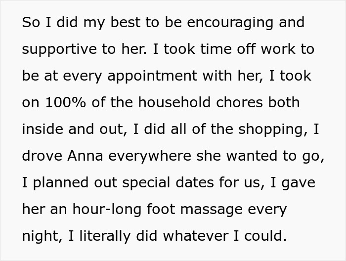 Text excerpt describing a husband&rsquo;s devoted care and support for his wife during her cancer battle before divorce and plea for second chance.