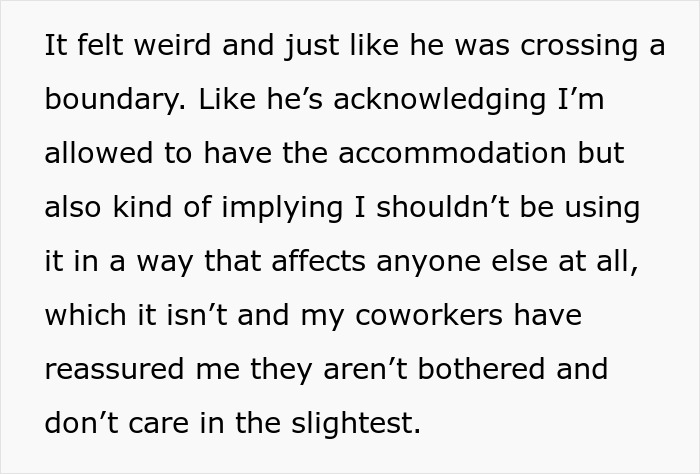 Text on a light background describes feeling a boundary crossed about using a feeding tube at work.