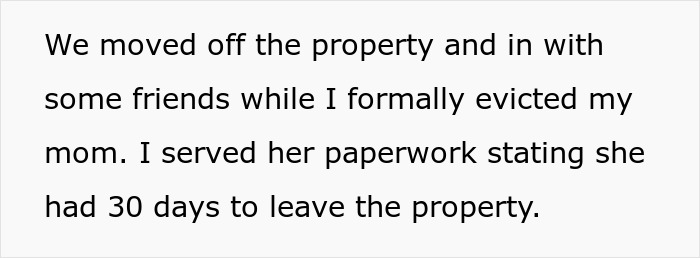 Text excerpt about a woman evicting her mom, sharing a crazy story about her mom that sounds like a soap opera.