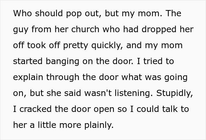 Woman shares a crazy story about her mom banging on the door while a church friend leaves quickly during a tense moment.