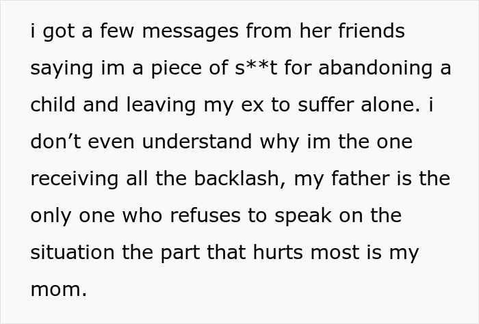 A text post detailing messages received calling the person a 'piece of s**t' for abandoning a child, questioning the 'Dad' to 'Uncle' transition. A text post detailing messages received calling the person a 'piece of s**t' for abandoning a child, questioning the 'Dad' to 'Uncle' transition.