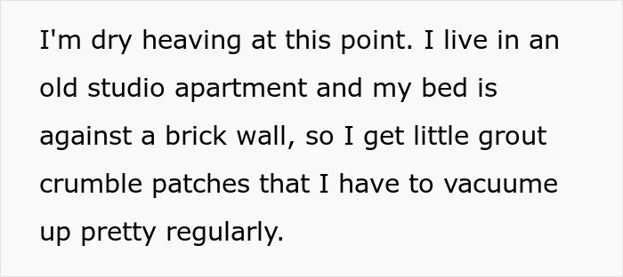 Text about living in an old apartment with a bed against a brick wall, causing grout crumble and needing regular vacuuming.