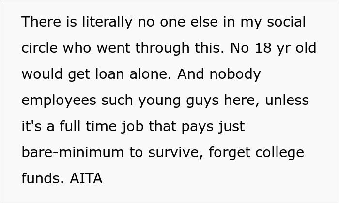 Text about an 18-year-old forced to be independent, struggling with loans and minimal job opportunities.