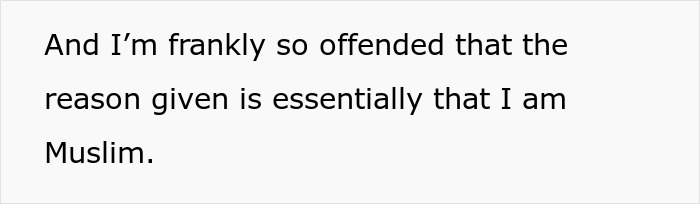 Text from an online post: "And I'm frankly so offended that the reason given is essentially that I am Muslim." Christian bride wedding exclusion.