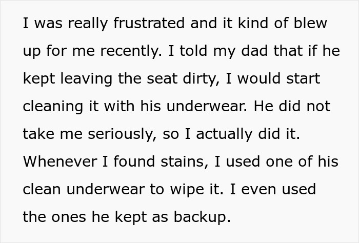 Text describes daughter's frustration with her gross dad wetting the toilet seat, using his clean underwear to wipe it.