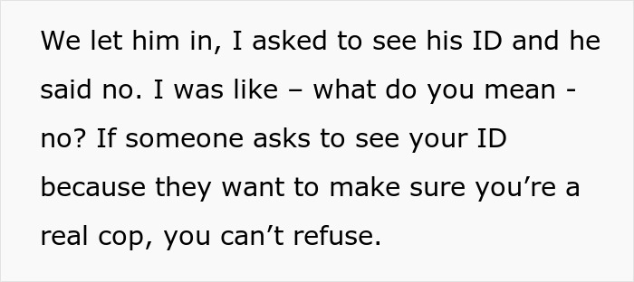 Text excerpt discussing a situation involving a fake cop ID check related to a homophobic MIL trying to get son's boyfriend arrested.