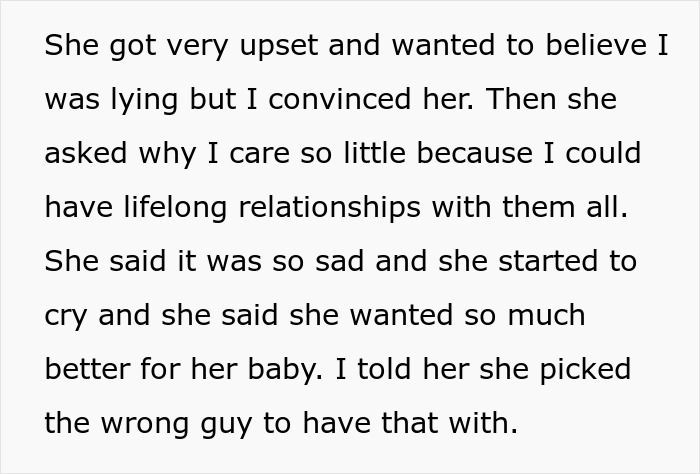 Text excerpt about a pregnant girlfriend crying as her boyfriend rejects a proposal for her baby's future.