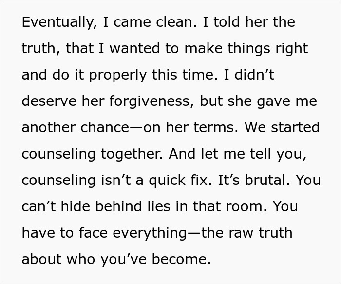 Text about coming clean, facing harsh truths, and counseling after cheating, highlighting a cheater's harsh lesson.