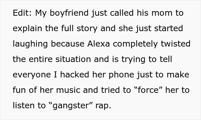 Text excerpt about a woman using Shazam to identify a song while boyfriend's cousin falsely claims bullying and hacking. Text excerpt about a woman using Shazam to identify a song while boyfriend's cousin falsely claims bullying and hacking.