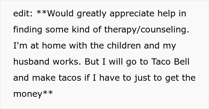 Text message expressing need for therapy and mentioning husband being awesome to mom but a jerk to their kids.