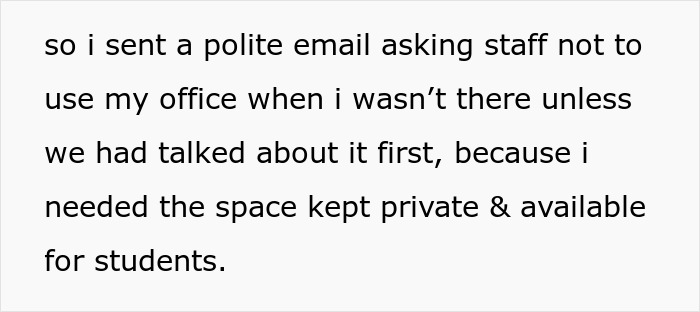 Text on a screen displaying an email request about staff using a locking school office, emphasizing the need for privacy.