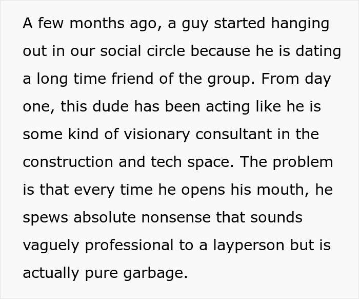 Text describing a man playing expert at a dinner party while a real expert challenges him and disproves his claims.