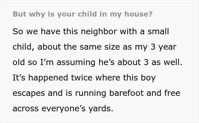Text excerpt describing a 3-year-old toddler escaping home and running barefoot across neighbors' yards.