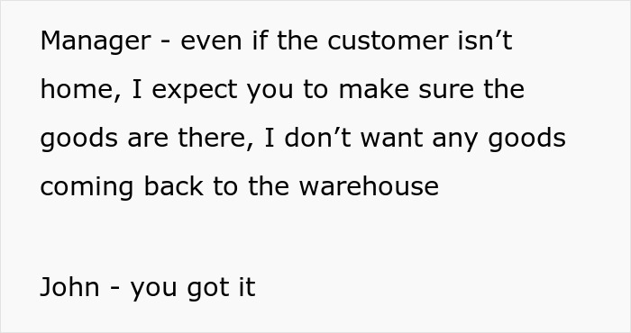 Text excerpt showing a manager instructing John about ensuring goods delivery, highlighting overworked and underpaid friend support.