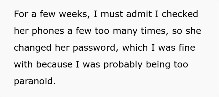 Text excerpt discussing checking phones, password change, and paranoia in a marriage twist involving a guy moving out.