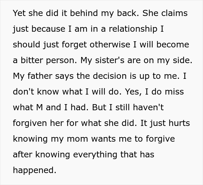 Text passage expressing hurt over a friend's betrayal and a mom pushing to not ruin friendship over a stupid boy.