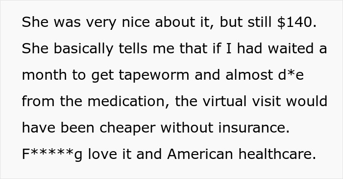 Text showing a woman discussing costly tapeworm medication after bringing home a cute senior cat, highlighting expensive regret.