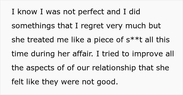 A personal text lamenting being treated poorly during an affair, reflecting on actions and seeking to cancel the divorce.