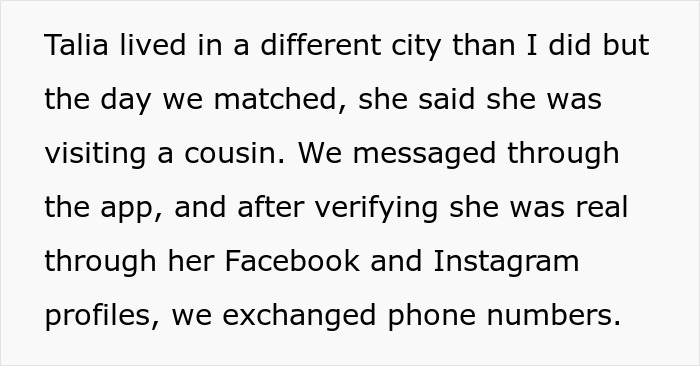 Conversation text describing someone verifying a Tinder match&rsquo;s identity through social media profiles before exchanging numbers.