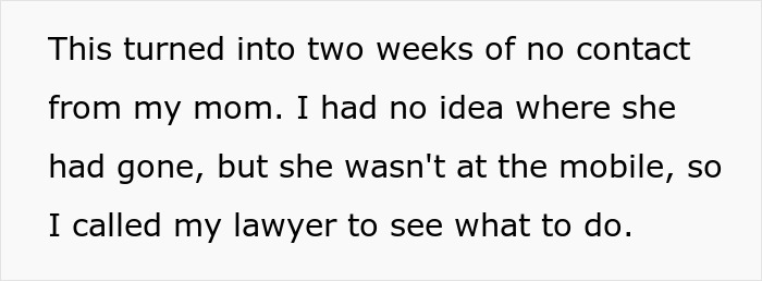 Text on a white background sharing a woman's story about no contact from her mom for two weeks, sounding like a soap opera.