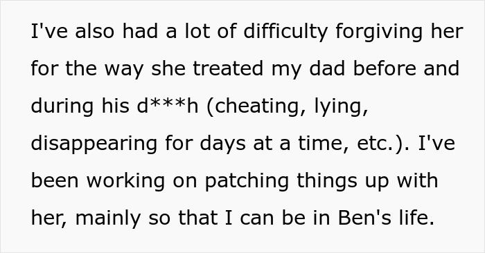Text discusses a sister's struggle to forgive her mother's past behavior to be in her brother's life.