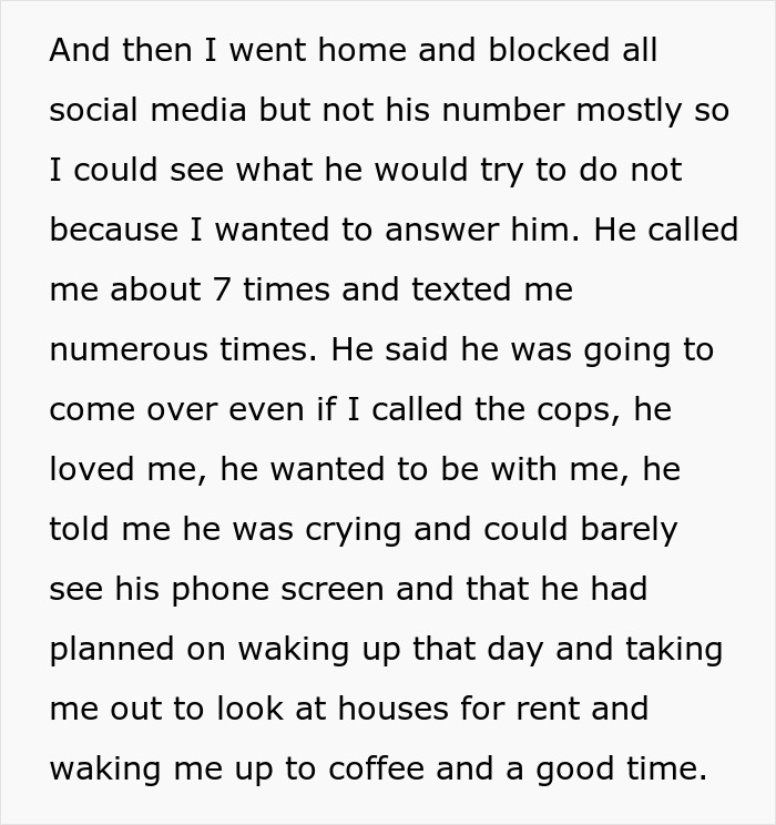 Text message conversation showing a boyfriend persistently trying to contact his girlfriend after she blocks him on social media.