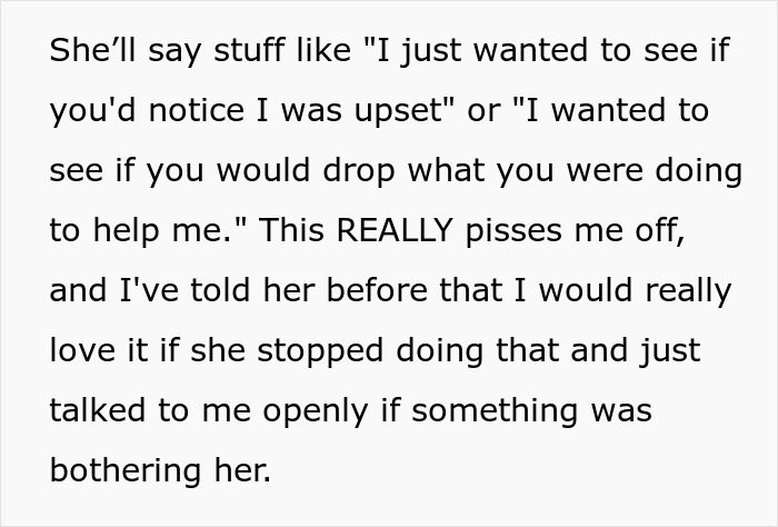 Text excerpt showing a woman expressing frustration about her friend testing her instead of openly communicating appreciation.