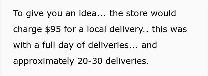 Text excerpt describing delivery charges and workload, highlighting support for an overworked and underpaid friend.