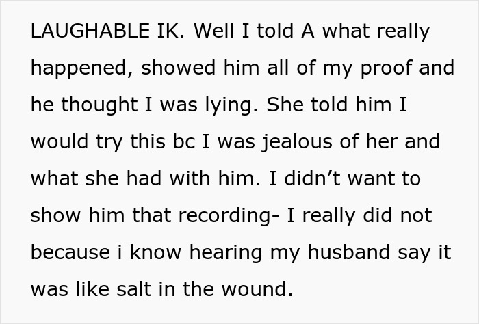 Text from a personal account, detailing a woman discovering her husband's affair and feeling betrayed by both.