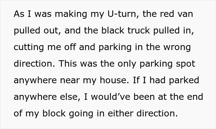 Text showing a woman&rsquo;s parking spot taken by entitled guests who trap their car and enjoy the ensuing situation.